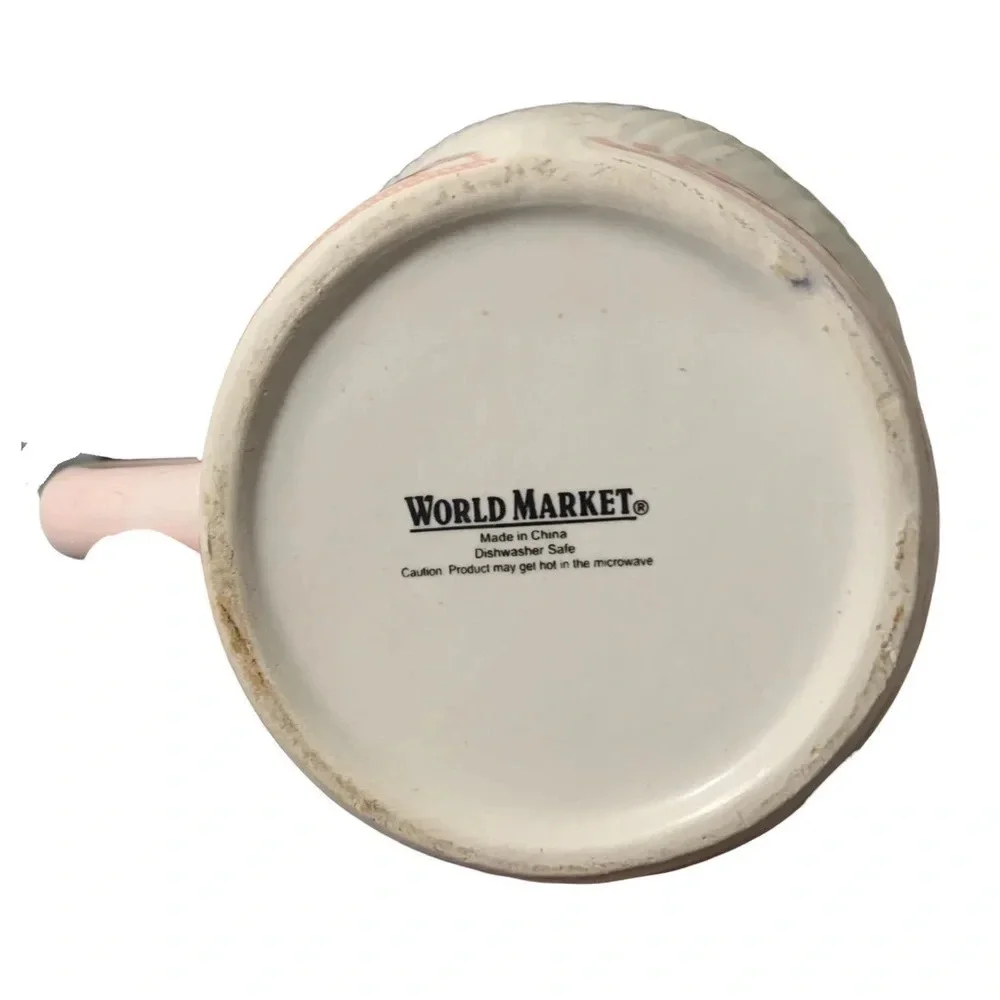WORLD Market porcelain Gnome coffee cup with lid, pink and white